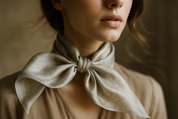 Elegant woman with a silk scarf tied around her neck, close-up shot of a fashionable accessory enhancing her style and sophistication. Simple and tasteful design.