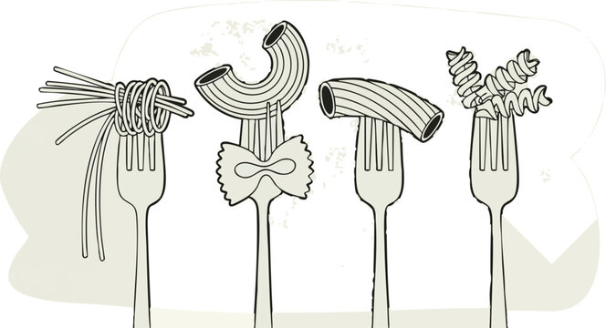 A delightful hand-drawn illustration showcasing various pasta shapes artfully arranged on forks, celebrating the art of Italian cuisine and culinary creativity