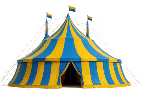 Colorful big top circus tent with blue and yellow stripes, a classic symbol of fun, entertainment, and events on transparent background