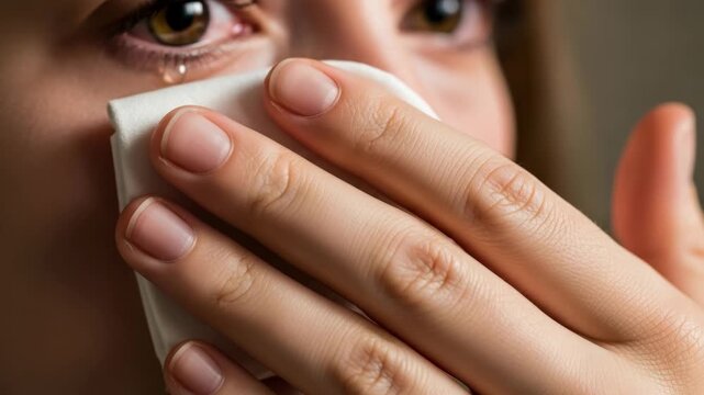 Sequence of a young adult woman wiping a tear from her red irritated eye. Macro view of a female experiencing an allergic reaction, sadness or conjunctivitis. Eye care concept