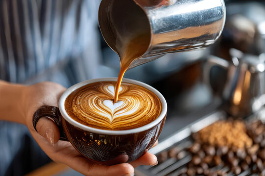 Expert barista creates latte art in a cozy coffee shop during the afternoon rush