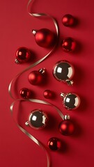 Fototapeta premium Festive Red and Gold Christmas Ornaments with Ribbon