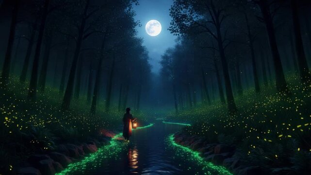 A lone traveler with a lantern walks through an enchanted forest at night. Glowing fireflies and bioluminescent moss illuminate the path along a tranquil river under a full moon