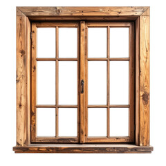 Rustic wooden window frame with twelve panes against a black background.