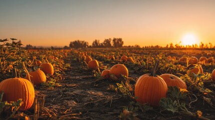 In the golden light of sunset a pumpkin patch stretches across the landscape. Bright orange pumpkins sit among lush green vines creating a picturesque autumn scene.
