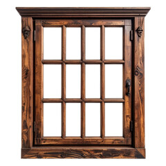 A rustic, dark wooden window frame with multiple panes set against a black background.