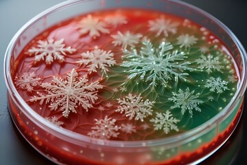 Festive microbial snowflakes growing in petri dish, a unique blend of science and holiday spirit for a geeky christmas concept