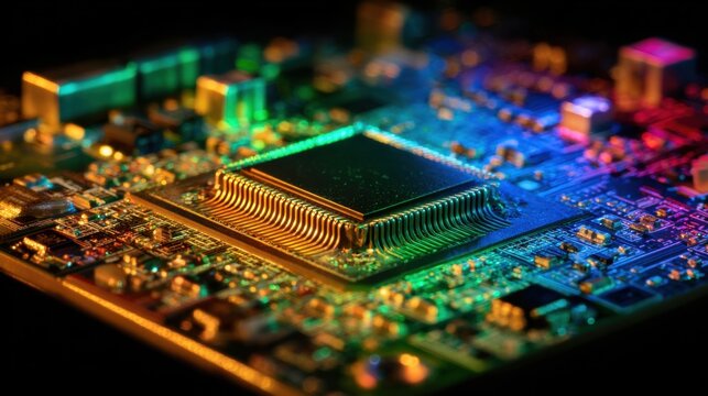 The photograph captures a vibrant close up of a computer chip on a circuit board. Colorful lighting highlights the detailed textures and electrical connections. This image showcases modern technology.