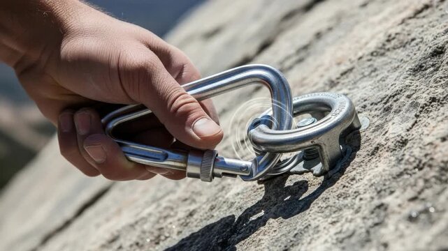 A male adult rock climber preparing safety equipment for an ascent. Detailed sequence of a hand clipping a metal carabiner into a fixed anchor point on a cliff face