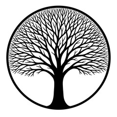 Stylized Tree of Life Silhouette in Circular Frame.