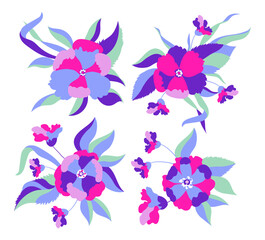 A set of flower bouquets consisting of buds and leaves, drawn in doodle style. Template for greeting and wedding cards. Vector background.