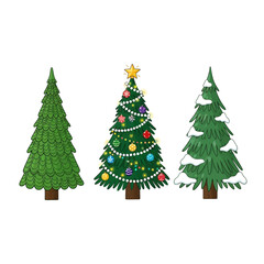 Three Christmas Trees - Decorated, Snow-Covered, and Plain.