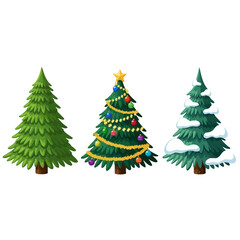 Three Christmas Trees - Decorated, Plain, and Snow-Covered Holiday Pines.