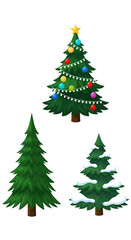Three Christmas Trees - Decorated, Evergreen, and Snow-Covered.