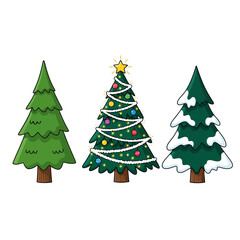 Three Christmas Trees - Decorated, Snowy, and Plain Green.