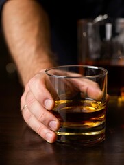 Man's Hand Holding Glass of Whiskey on Wood Surface