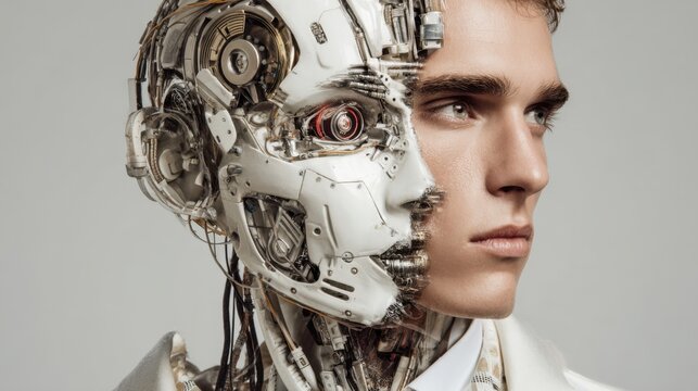 A striking visual depicts a half human half robot face blend highlighting advancements in technology and the relationship between humanity and machines.