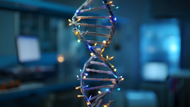 Пlowing dna helix strand illuminated in a dark research laboratory, symbolizing genetic research and biotechnology breakthroughs