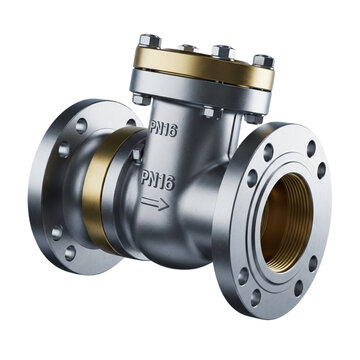 Industrial metal check valve with flanges on a black background