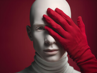 Portrait of an albino female wearing a white turtleneck and long, dark crimson gloves with hand covering her face