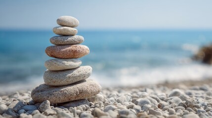 A collection of smooth colorful stones carefully stacked to form a balanced tower sits on a pebbled beach. The bright blue ocean sparkles in the background under clear skies.