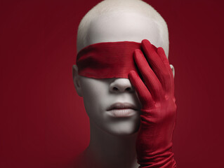 Woman with a red silk blindfold covering her eyes, and her hand in red gloves on her face