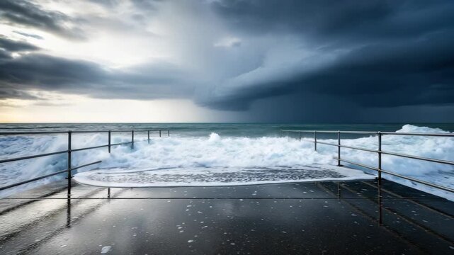Triptych sequence of a powerful ocean wave crashing over a concrete pier during a storm. The force of nature is shown from the initial splash to the receding white foam