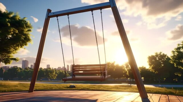 Beautiful swing set in a park at sunset with golden light.