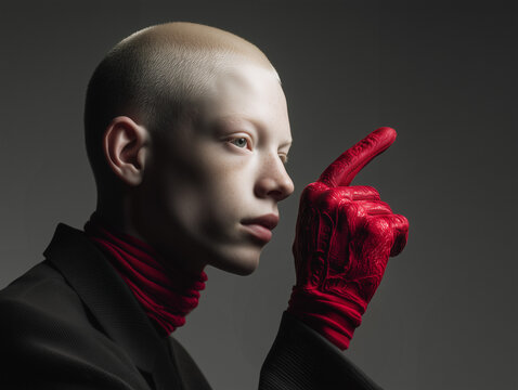 Person pointing sideways with a red glove, giving a neutral informative expression