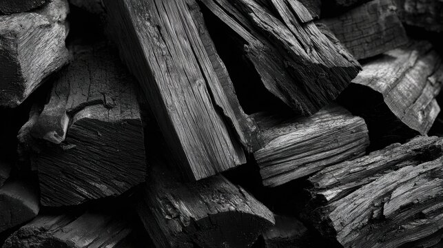 Close up view of charcoal pieces that are stacked neatly. The surface shows unique textures and shades emphasizing the richness of the material. The scene is well lit highlighting details.