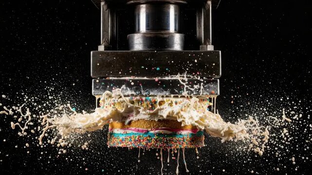 Sequence of an industrial hydraulic press smashing a colorful birthday cake. The dessert explodes under extreme pressure in a satisfying splash of cream and sprinkles