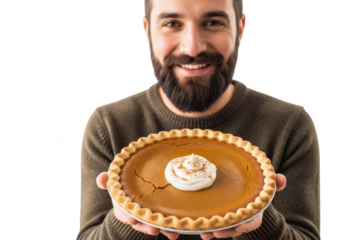 Joyful bearded man presenting thanksgiving pumpkin pie with whipped cream and sprinkles delicious holiday dessert transparent background