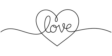 Continuous one line drawing of a heart with the word love inside, representing affection, romance, and emotional connection, isolated on a white background. Vector, illustration