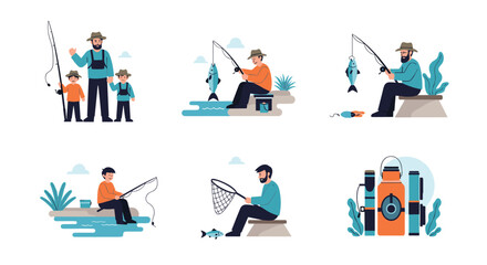 Collection of six flat illustration scenes depicting various fishing activities and equipment.