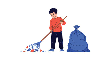 Young boy raking leaves into a garbage bag in the fall season.