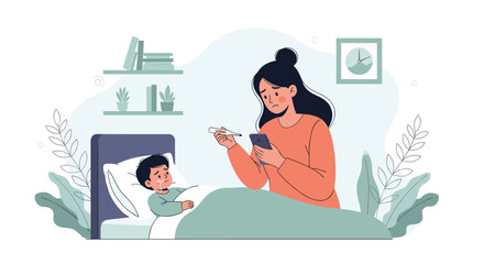 Worried mother checking her sick child's temperature while holding a mobile phone.