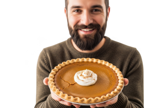 Joyful bearded man presenting thanksgiving pumpkin pie with whipped cream and sprinkles delicious holiday dessert transparent background - Powered by Adobe
