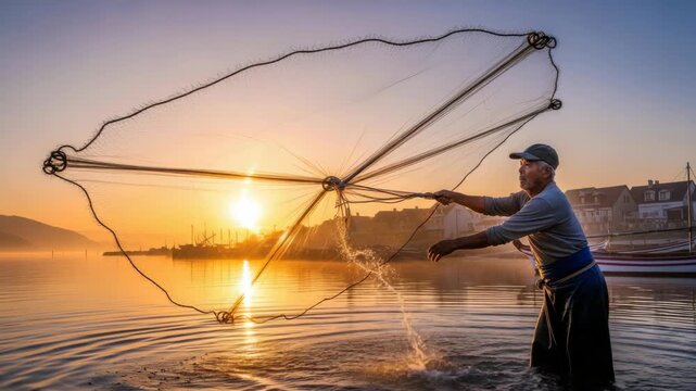 Senior asian fisherman casting a traditional net into the water at sunrise. Panoramic view of a skilled angler using old fishing techniques in a tranquil river village