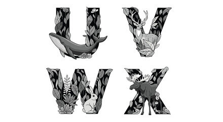 Alphabet letters U, V, W, and X creatively decorated with nature and animals.