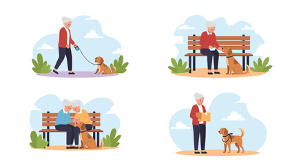Four scenes depict elderly people interacting with dogs in park settings.