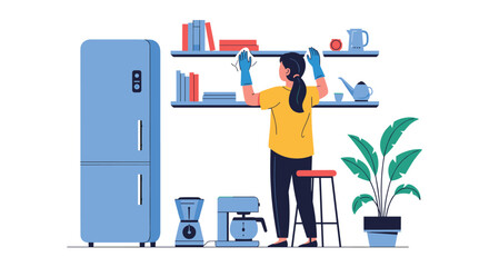 Young woman in blue gloves cleaning a shelf with books and kitchen appliances below.