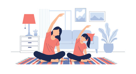 Mother and daughter doing yoga poses together on a mat in their living room.