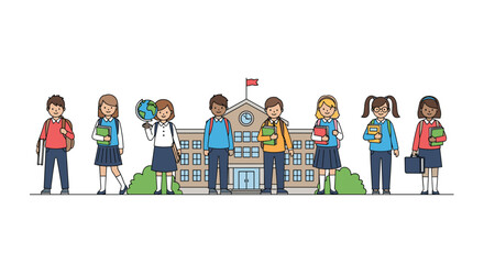 A diverse group of cartoon students stand in front of a school building, holding books and backpacks.