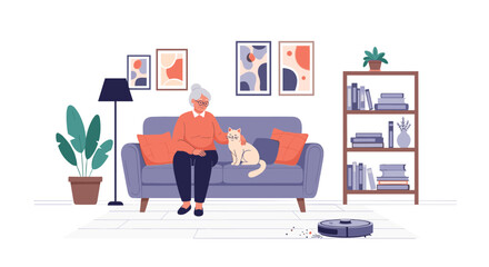 Elderly woman petting a cat on a sofa while a robot vacuum cleans the floor.