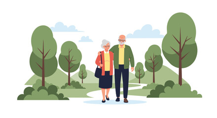 Elderly couple walks arm-in-arm through a lush park with trees and hills.