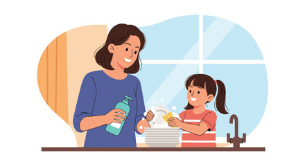 Mother and daughter washing dishes together at the kitchen sink with suds and a bottle of dish soap.