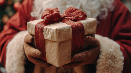 A close-up of Santa Claus giving a beautifully wrapped Christmas gift with red ribbon. Symbolizes holiday spirit, generosity, and festive traditions
