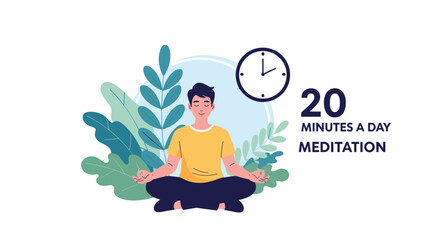 Illustration of a man meditating for 20 minutes a day with a clock and plants.