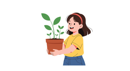 A young girl happily holds a potted plant with several green sprouts and leaves.