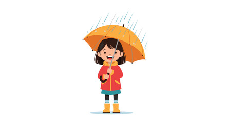 Happy child holding an umbrella in the rain, wearing a raincoat and boots.